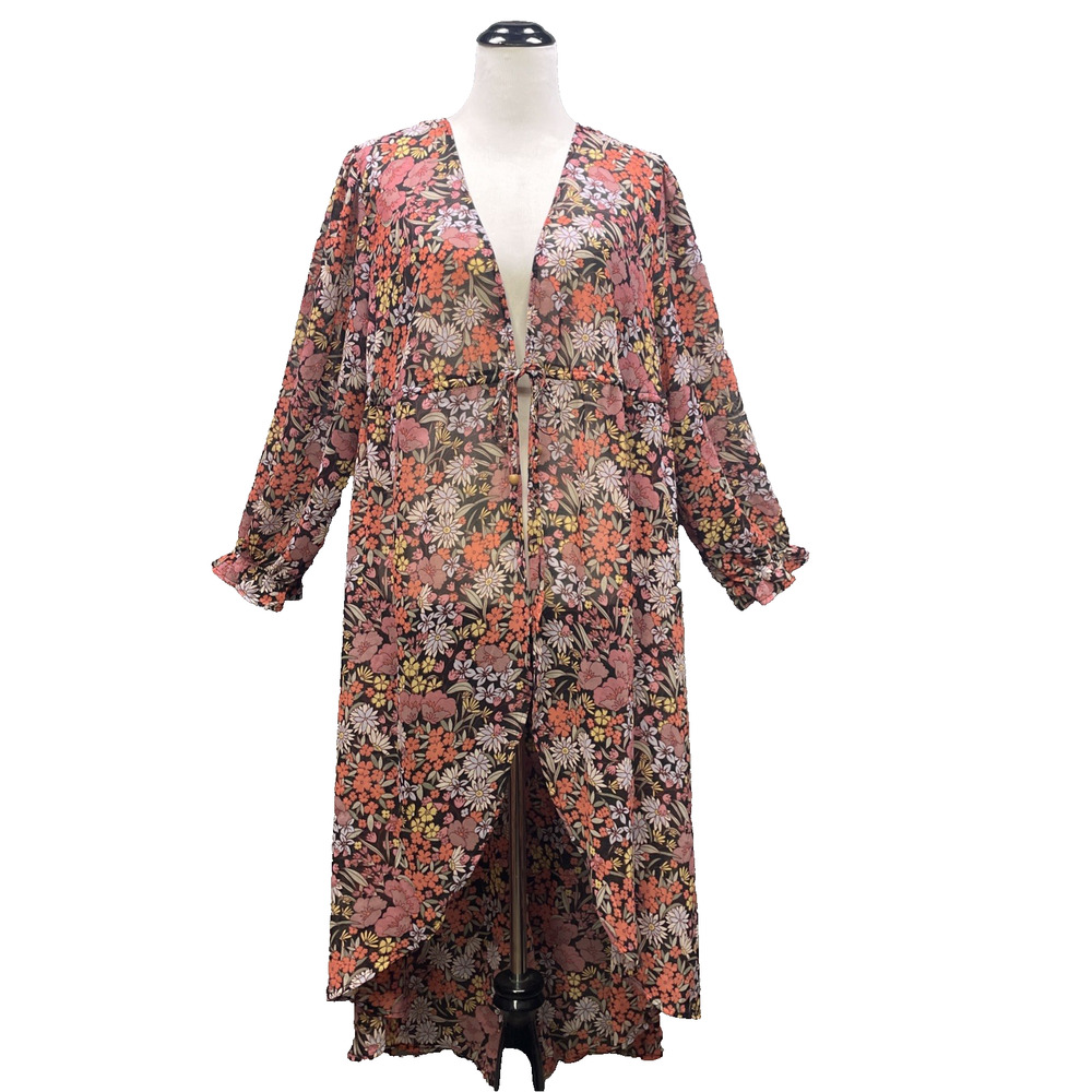 Liberty Love Womens 2X Long Floral Tie Front Duster/Kimono High/Low Boho Resort